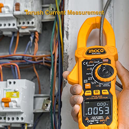INGCO Digital Clamp Meter 1000A True RMS 6000 Counts Multimeter Voltage Tester Amp Meter AC Current 1000A AC/DC Voltage 1000V VFD LOZ NCV Capacitance
