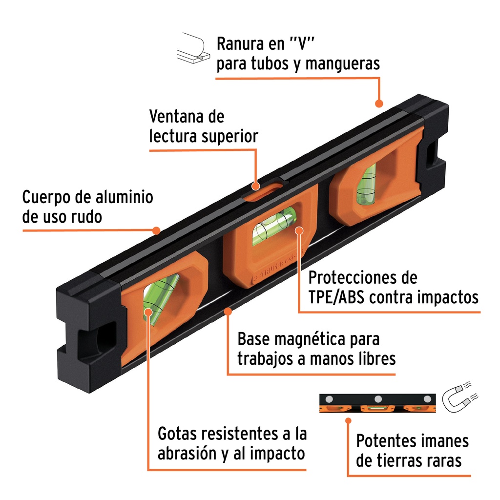 NIVEL TORPEDO MAGNÉTICO DE 10" CON CUERPO DE ALUMINIO,EXPERT TRUPER (NTX-9)