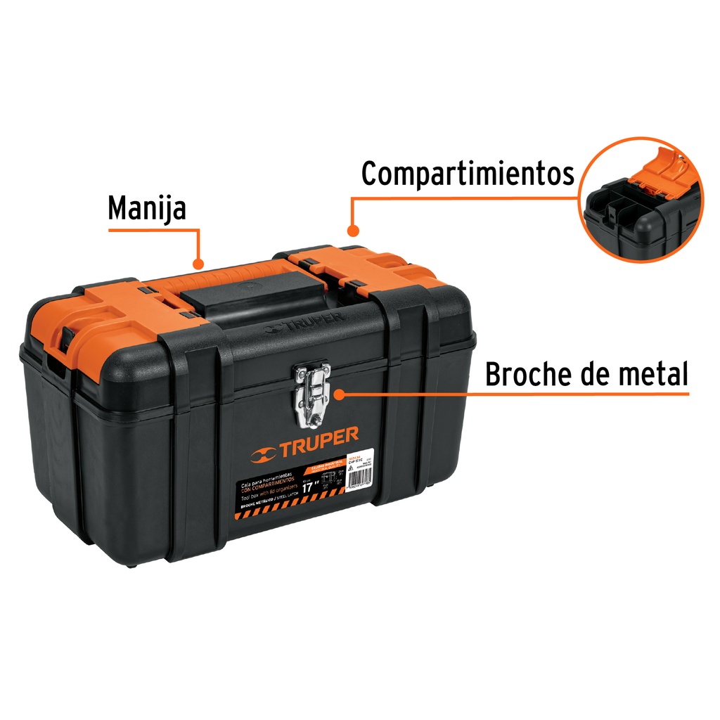 CAJA P/HERRAMIENTA 17" CON COMPARTIMENTOS, BROCHES METÁLICOS TRUPER (CHP-17XC)