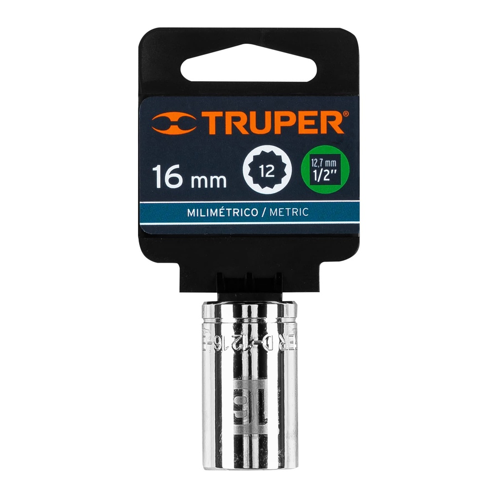 DADO DE 16 MM, 12 PUNTAS, CUADRO 1/2", TRUPER (D-1216-EM)