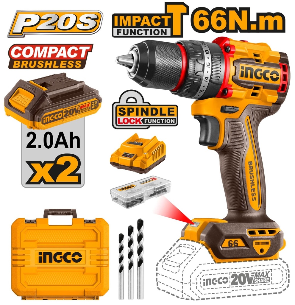 TALADRO ATORNILLADOR C/ PERCUTOR BRUSHLESS 20V 66NM INGCO (CIDLI20668)