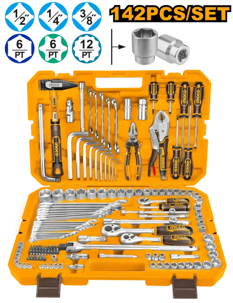 KIT SET DE 142 HERRAMIENTAS COMBINADAS INGCO C VALIJA PLASTICA (HKTHP21421)