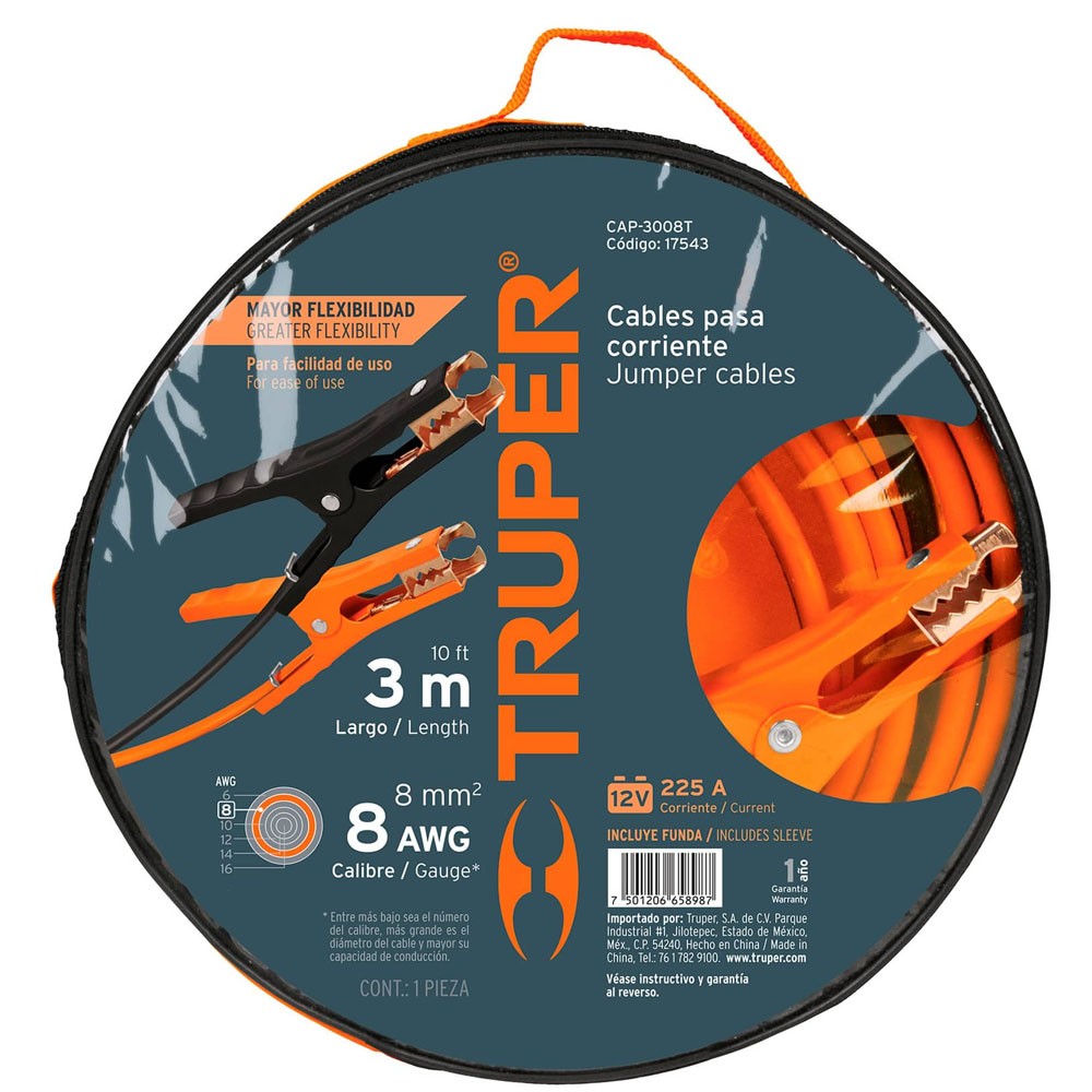 CABLES PASA CORRIENTE 3 M, 225 A, 8 AWG, CON FUNDA, TRUPER (CAP-3008T)
