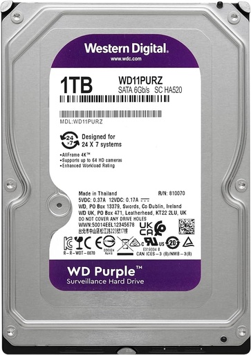 [WD11PURZ] DISCO DURO WESTERN DIGITAL WD PURPLE, 1TB, SATA 6.0 GB/S, 5400 RPM, 64MB CACHE, 3.5". (WD11PURZ)