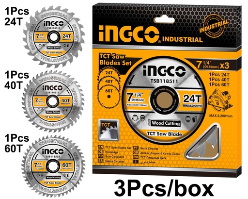 [TSB51852153] SET DE 3 DISCOS CORTE MADERA 7 1/4'' 24 T, 40 T, 60 T. INGCO (TSB51852153)