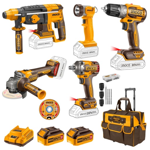 [CKLI2058] KIT TALADRO + LLAVE DE IMPACTO + AMOLADORA + ROTOMARTILLO + LINTERNA INGCO (CKLI2058)